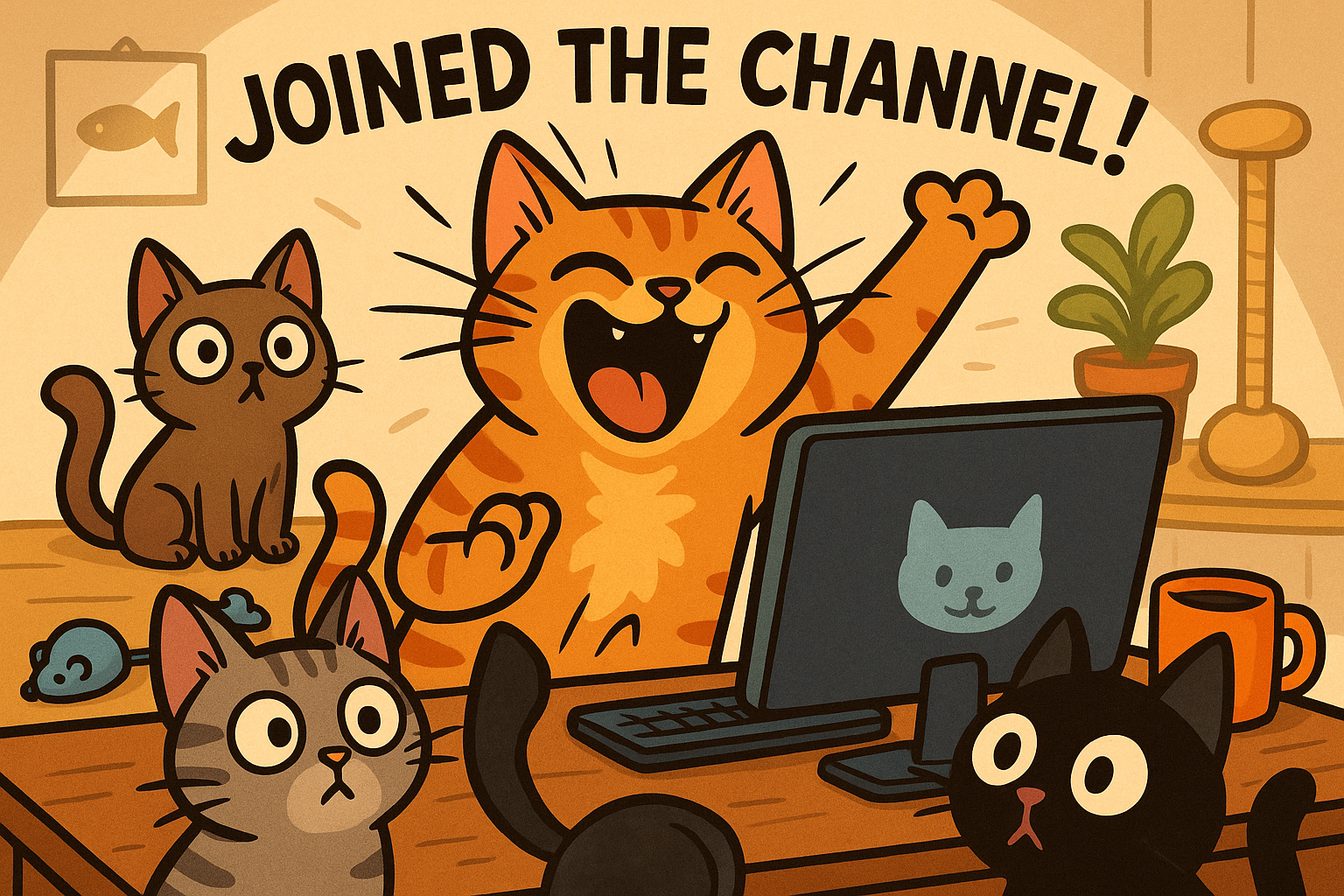 Create an image that captures the essence of a humorous meme featuring cats. The image should depict a playful scene where...