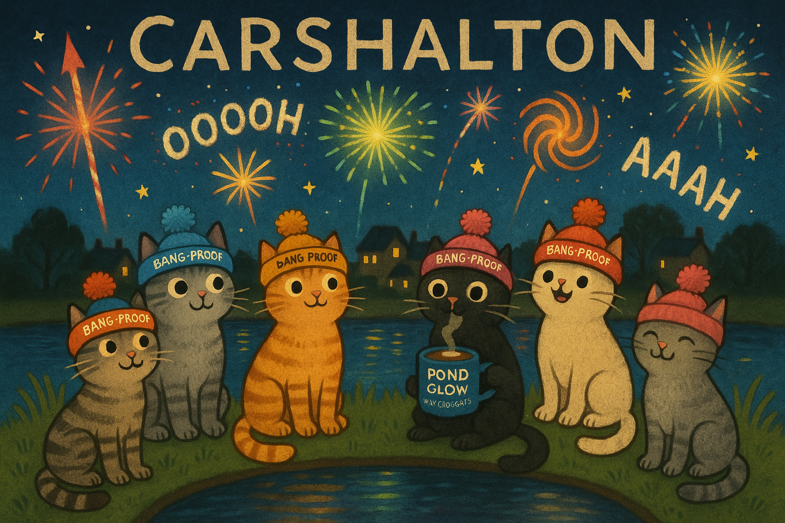 Create an image in a whimsical, meme-style featuring a group of playful cats gathered around a pond at night. The scene is...