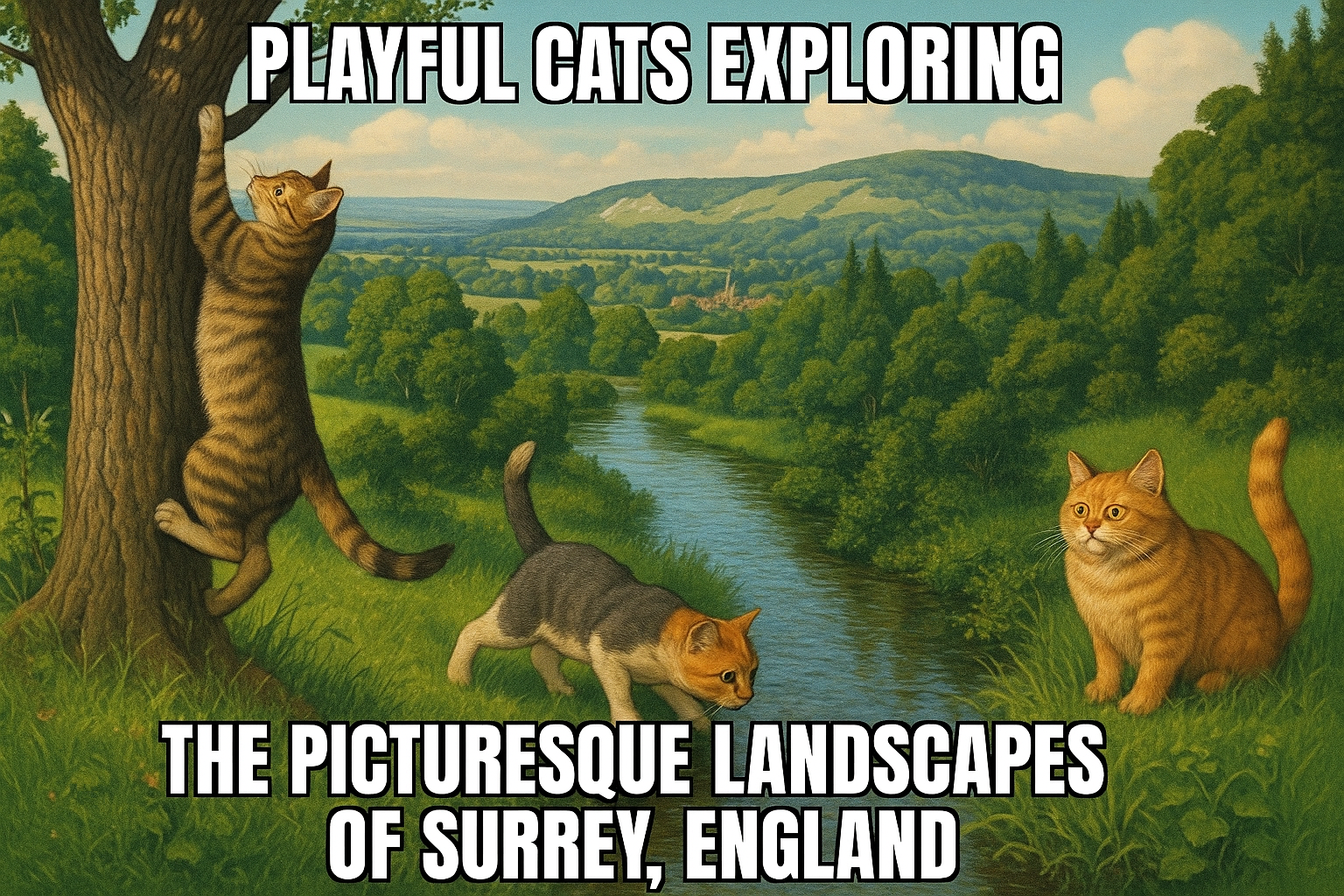Create an image in a meme style featuring playful cats exploring the picturesque landscapes of Surrey, England. The scene ...