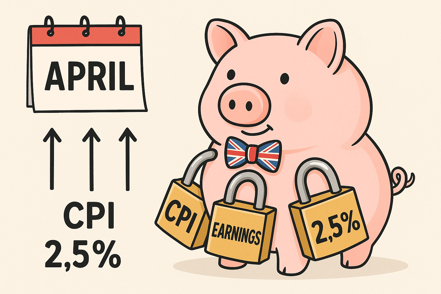 Create a funny meme-style featured image for an article about the UK pension “triple lock”. Show a pink piggy bank wearing...