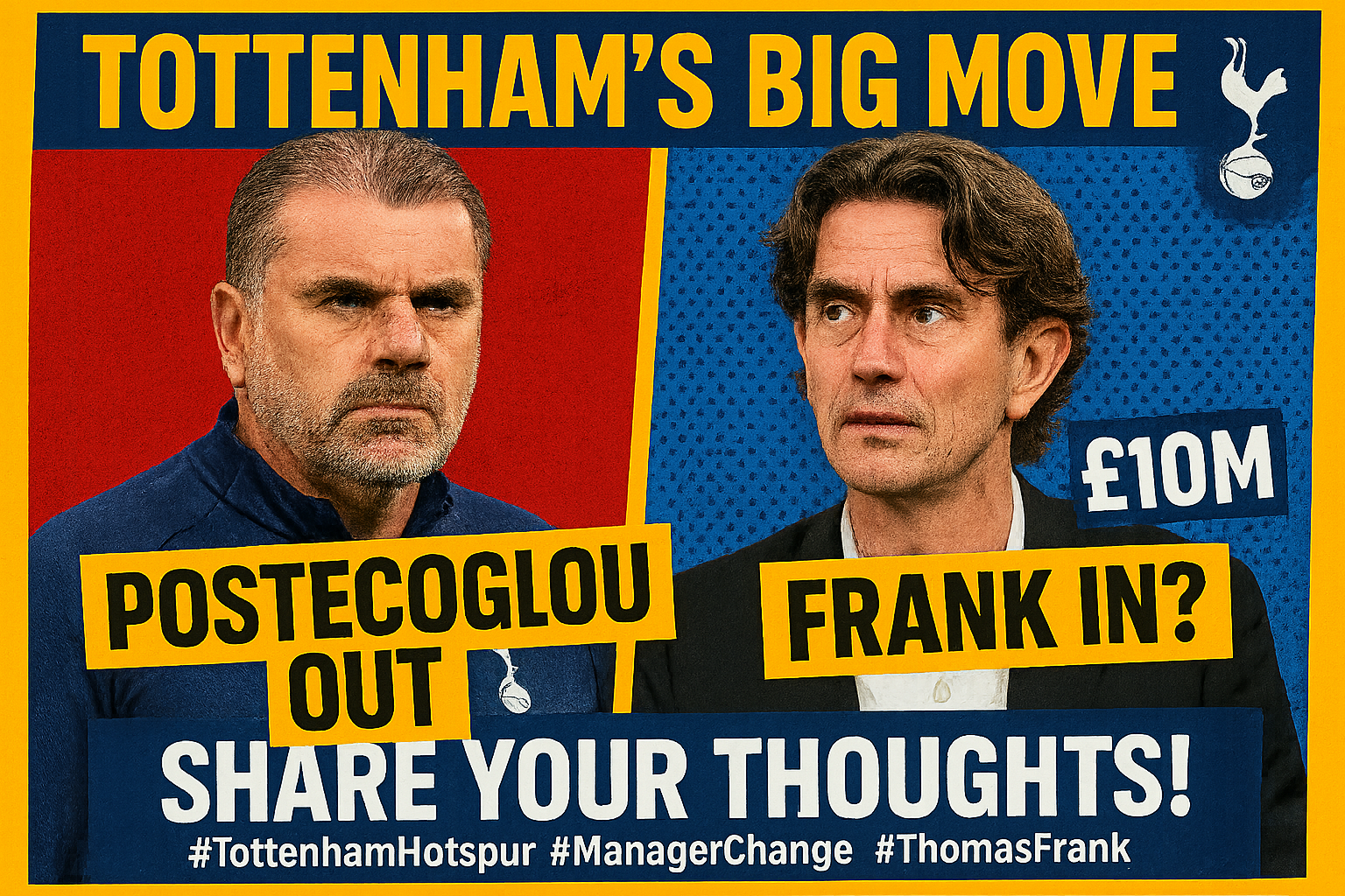 Create an image that captures the dramatic shift in Tottenham's management, highlighting the sacking of Ange Postecoglou a...