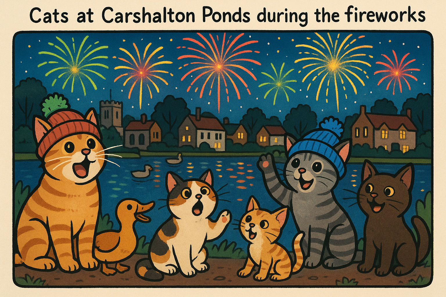 Create an image in a whimsical, meme-like style featuring a group of playful cats at Carshalton Ponds during the fireworks...