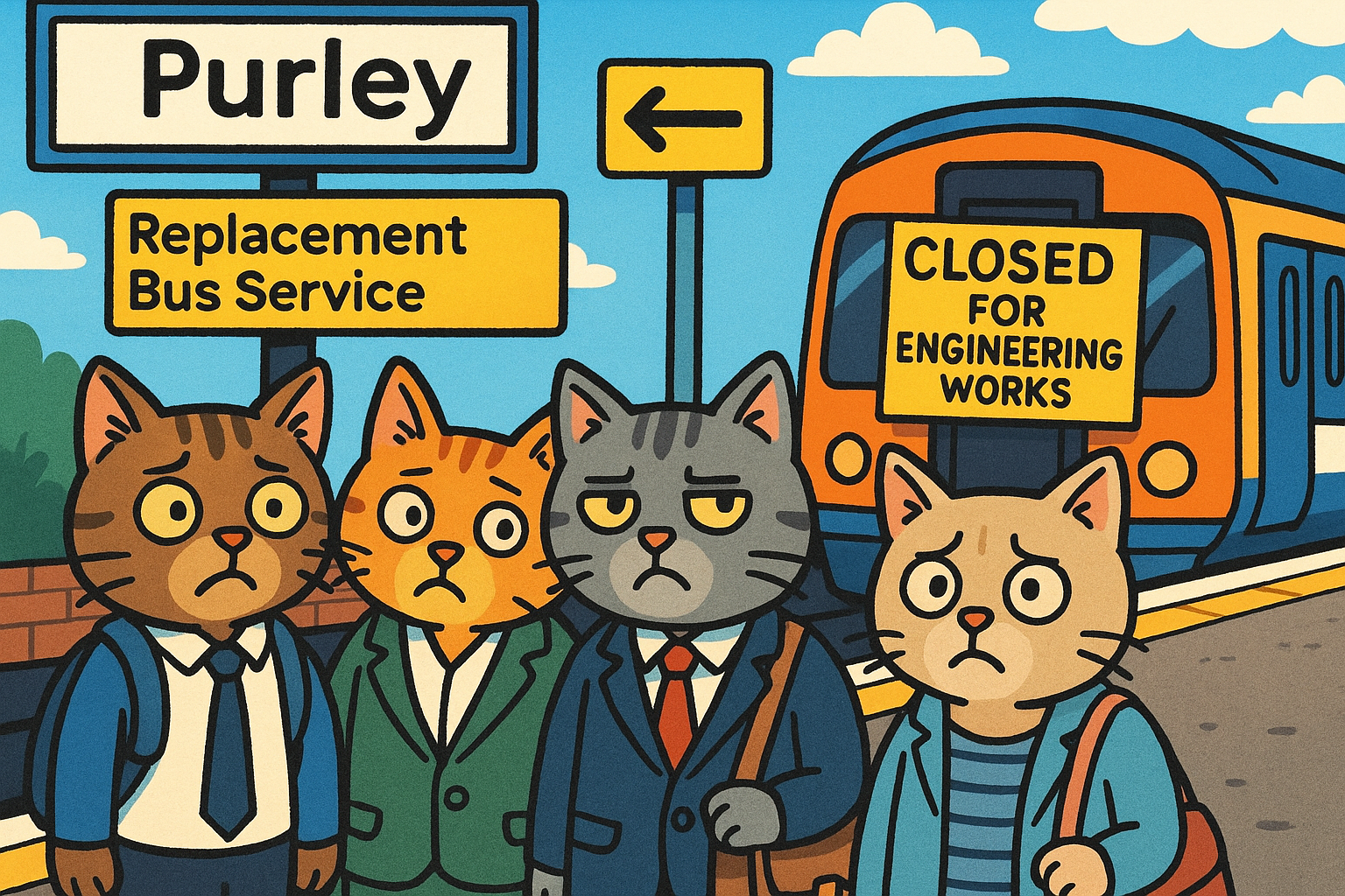 Create an image that captures the essence of a meme featuring cats, with a humorous take on train disruptions. The scene s...