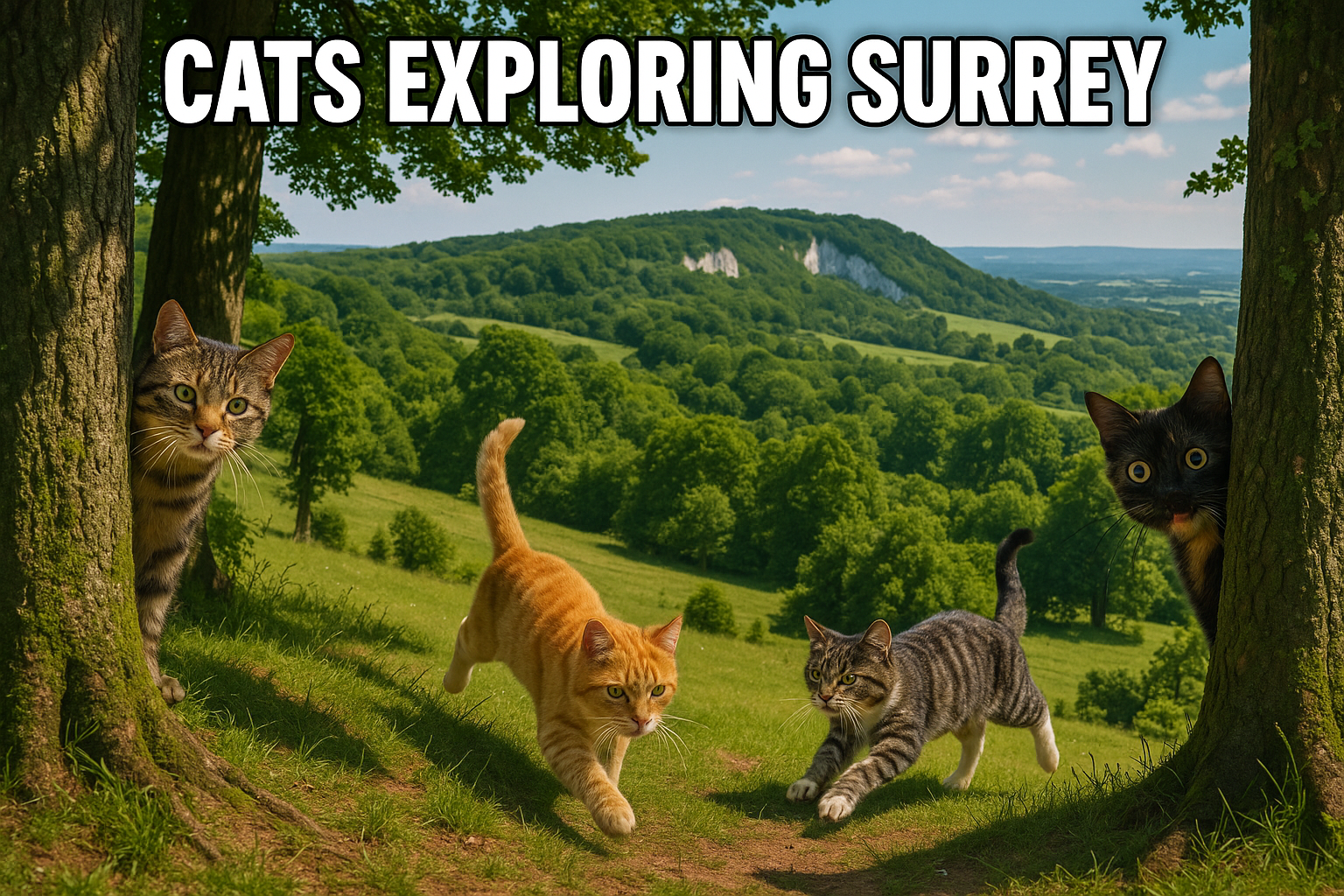 Create an image in a meme style featuring several playful cats exploring the picturesque landscapes of Surrey, England. Th...