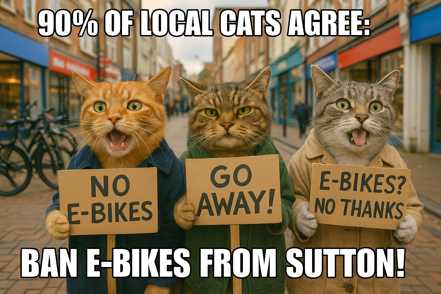 Create an image in a humorous meme style that features a group of three cats dressed as pedestrians, each holding a sign t...