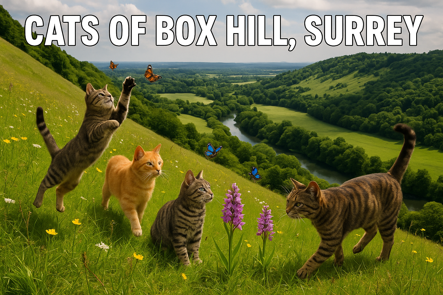 Create an image in a meme style featuring a scenic view of Box Hill in Surrey, with its lush chalk downland and vibrant wi...