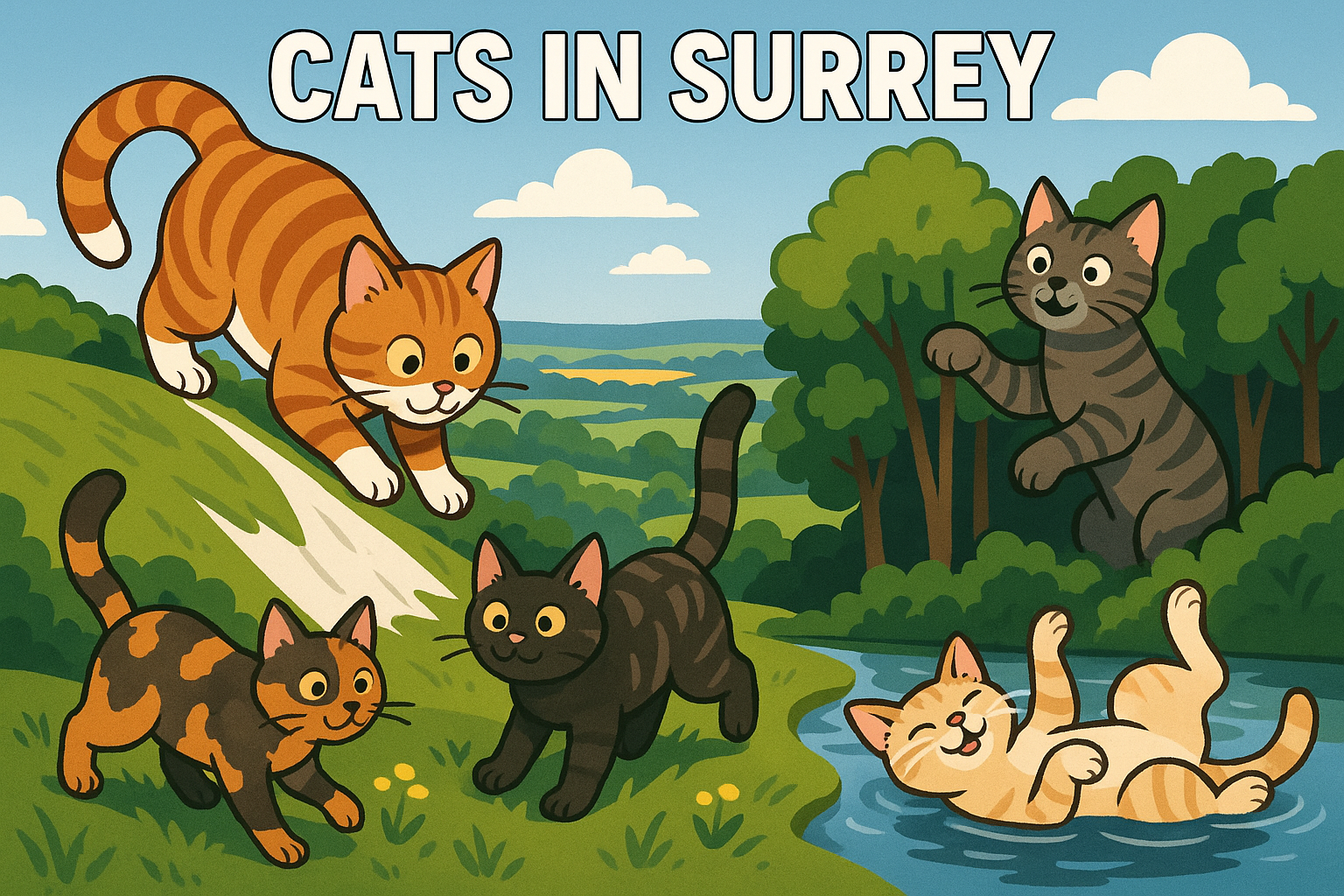 Create an image in a meme style featuring playful cats exploring the scenic landscapes of Surrey, England. The image shoul...