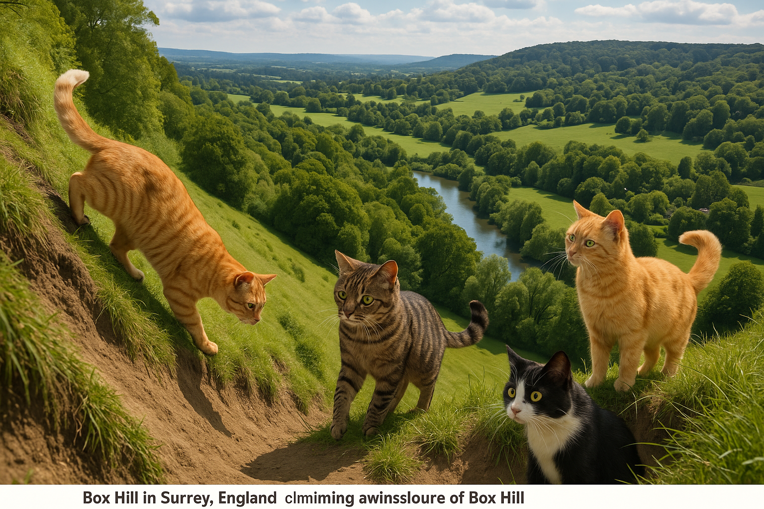 Create an image in a meme style featuring cats exploring the picturesque landscape of Box Hill in Surrey, England. The sce...
