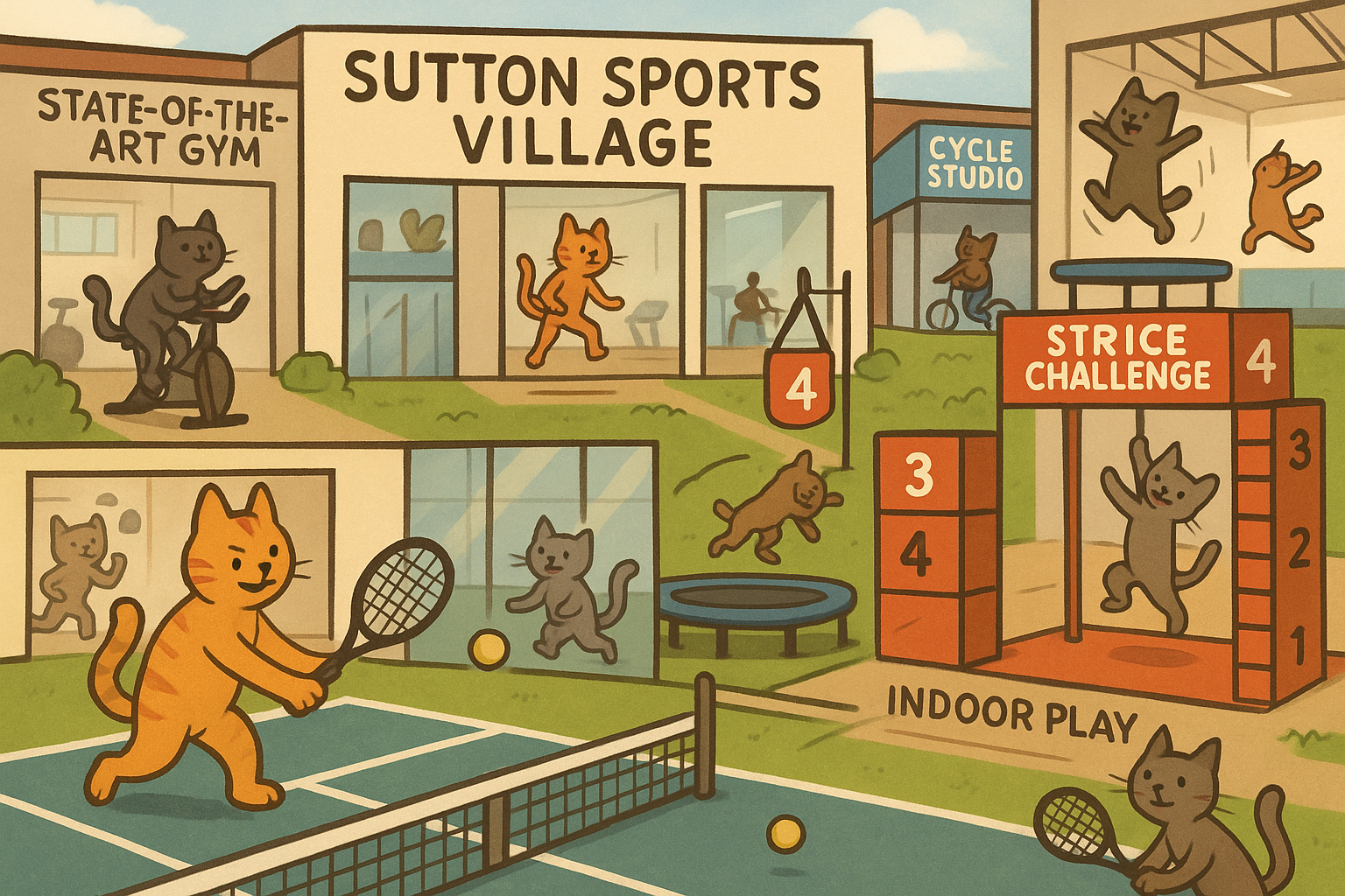 Create an image in a meme style featuring playful cats enjoying a day at the Sutton Sports Village. The scene should inclu...