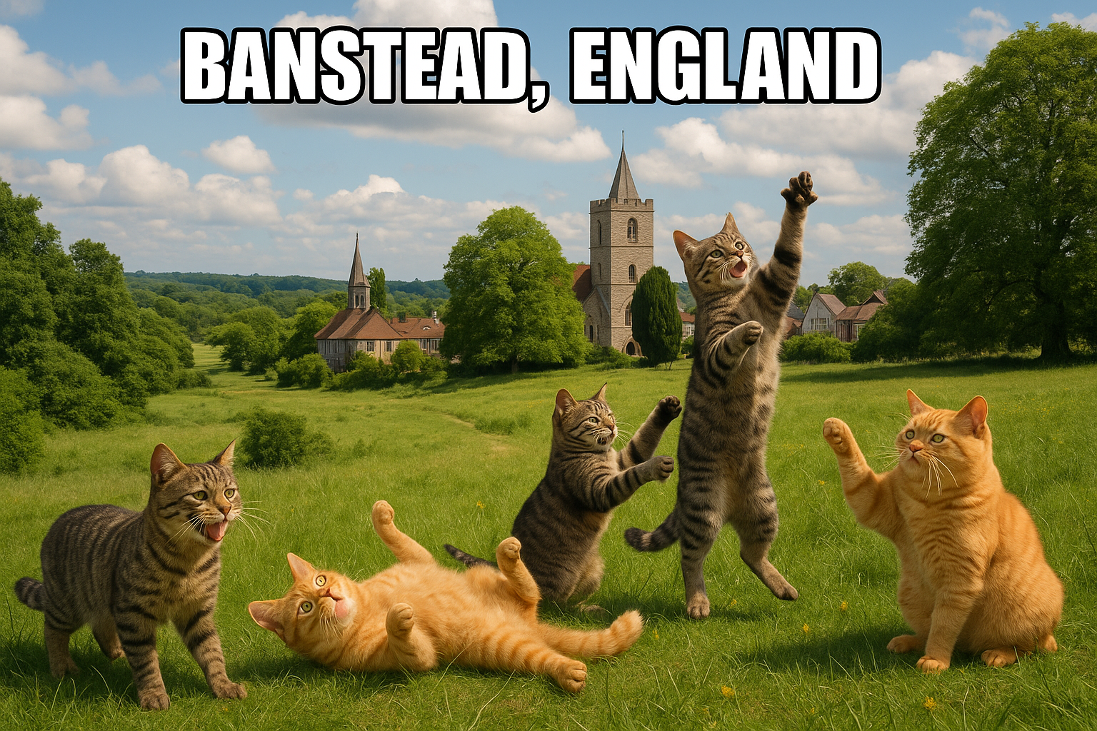 Create an image that captures the essence of Banstead, a charming town in Surrey, England, with a humorous twist. The imag...