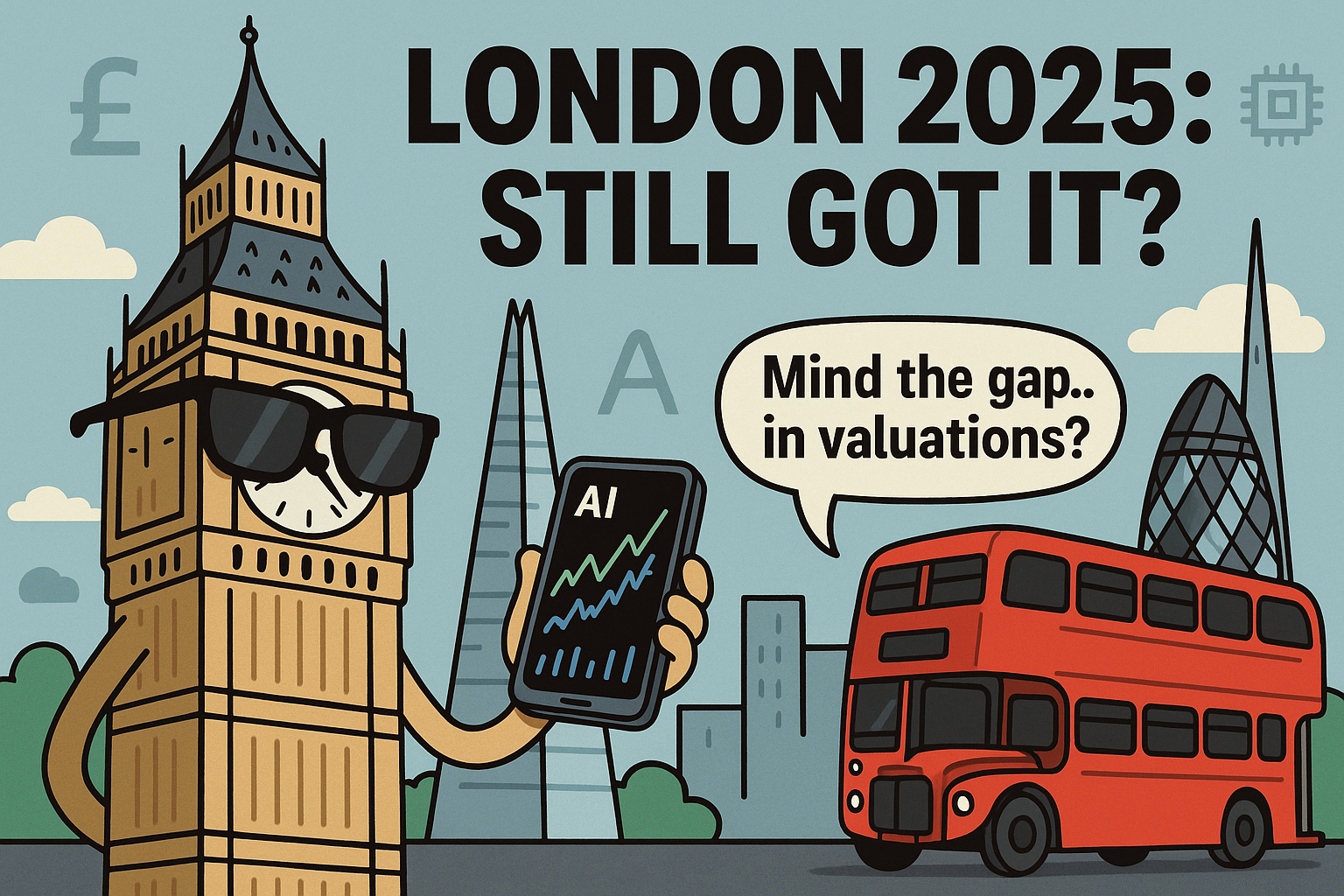 Funny meme-style featured image about: “Is London still relevant in 2025?” Big Ben wearing sunglasses, holding a smartphon...