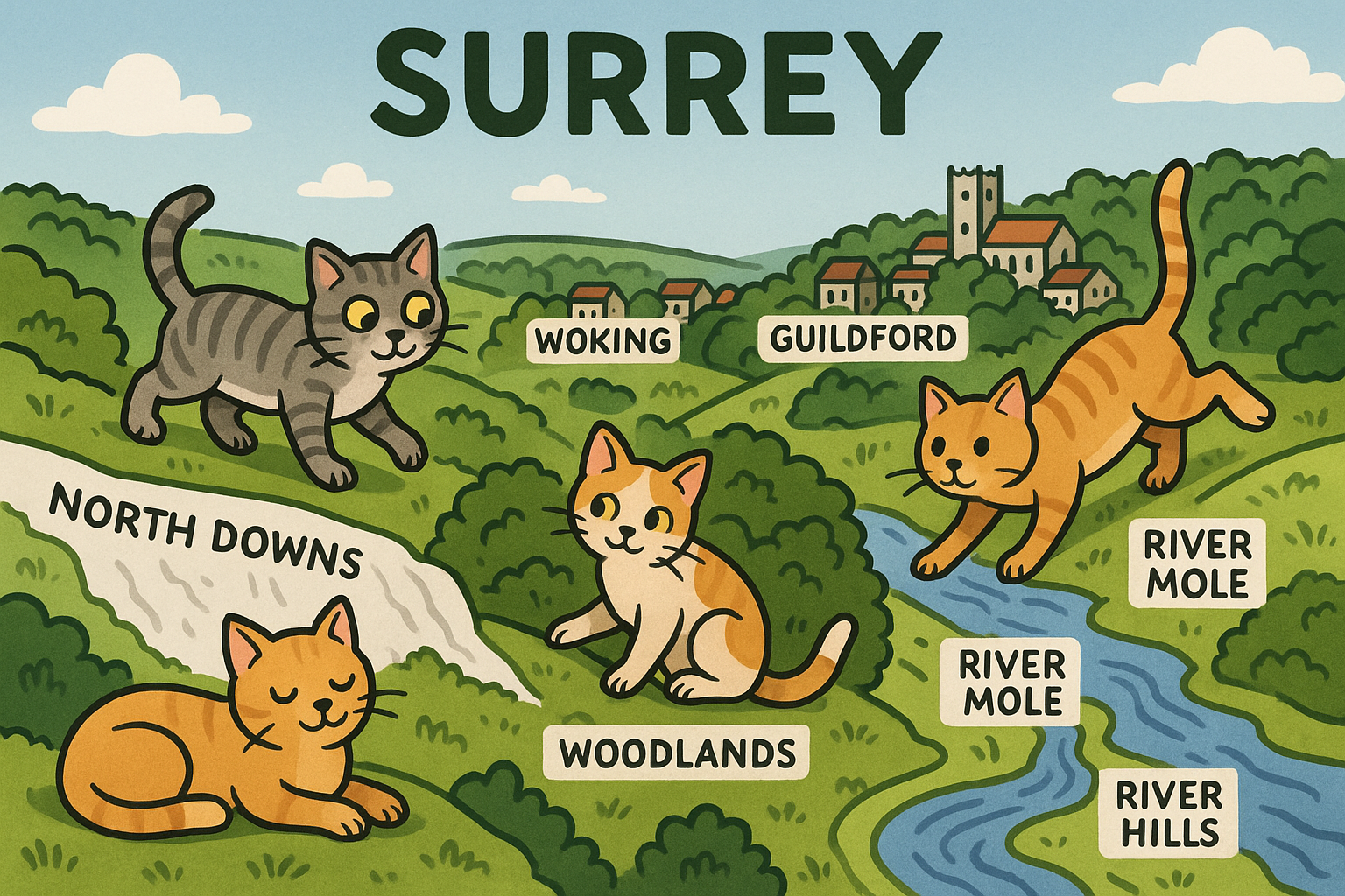 Create an image in a meme style that humorously represents the county of Surrey in South East England. The image should fe...