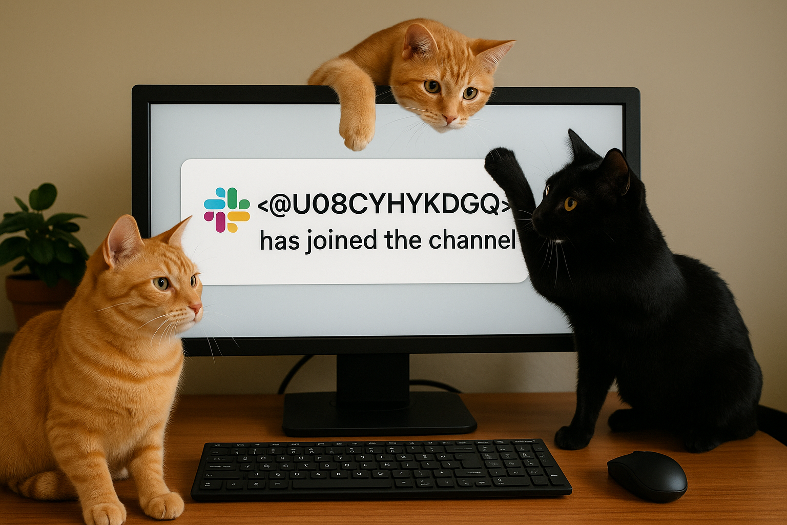 Create an image in a meme style featuring playful cats interacting with a computer screen displaying a Slack notification....