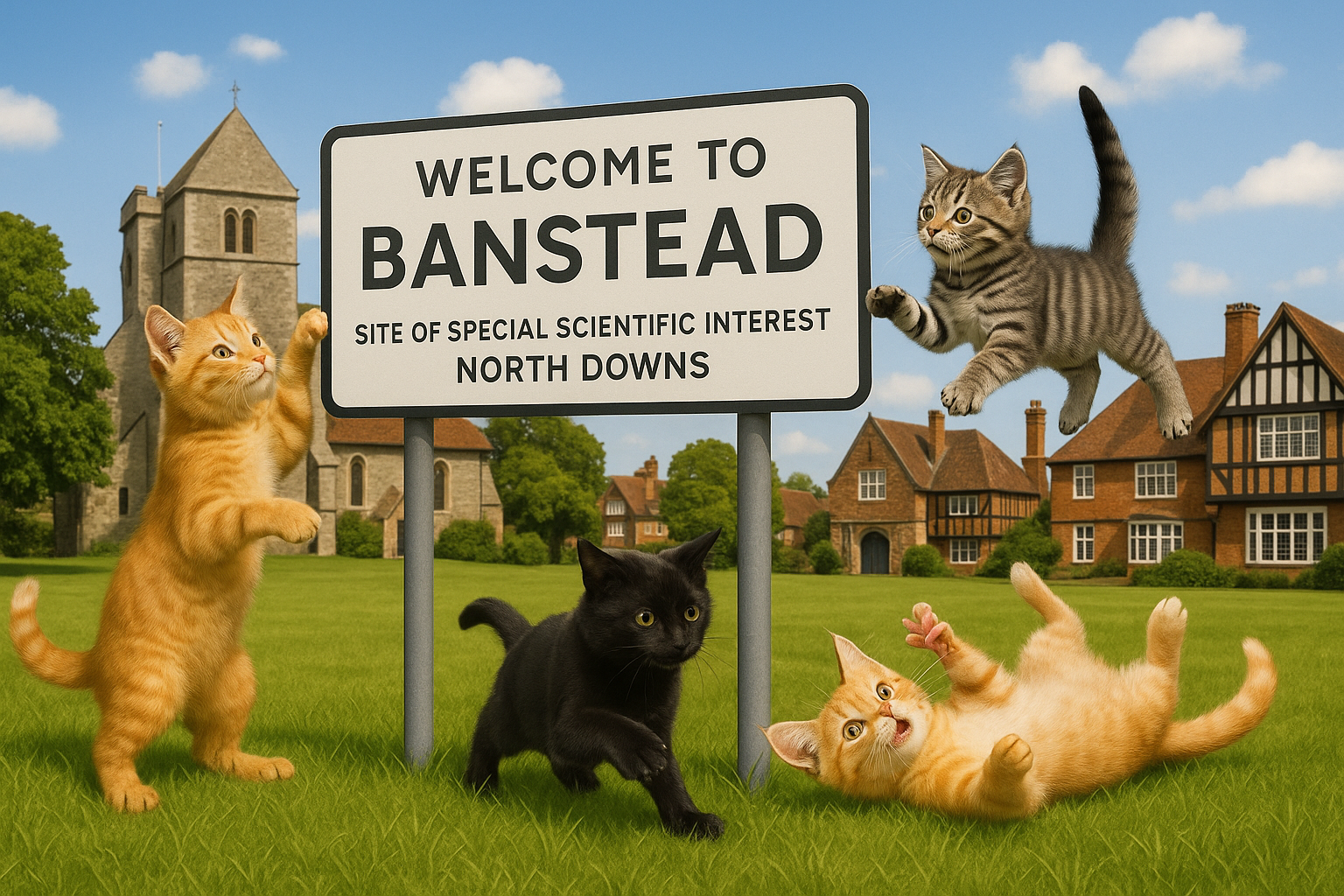 Create an image in a meme style featuring playful cats exploring the picturesque town of Banstead in Surrey, England. The ...