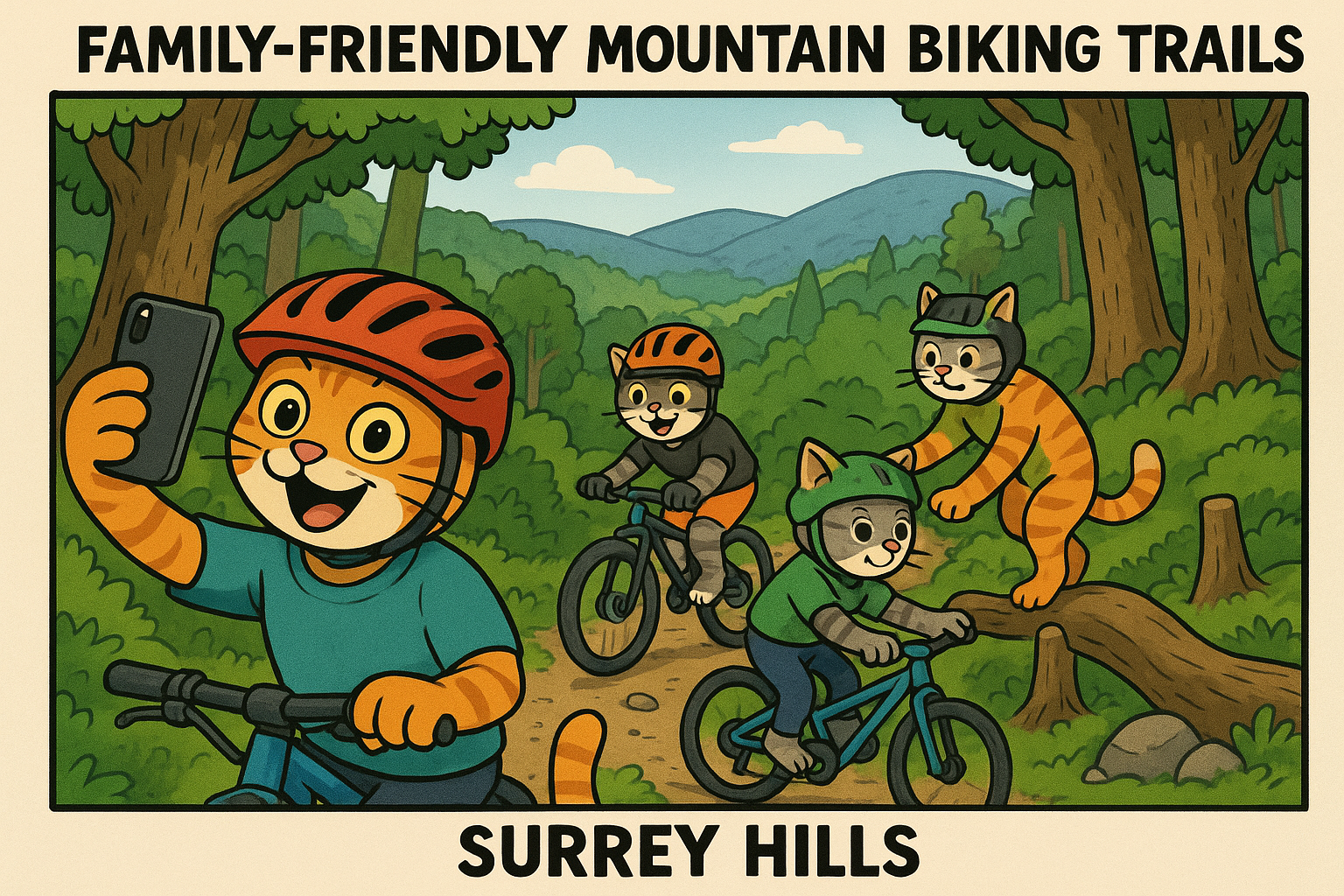 Create an image that captures the essence of family-friendly mountain biking trails with a humorous twist. The scene shoul...