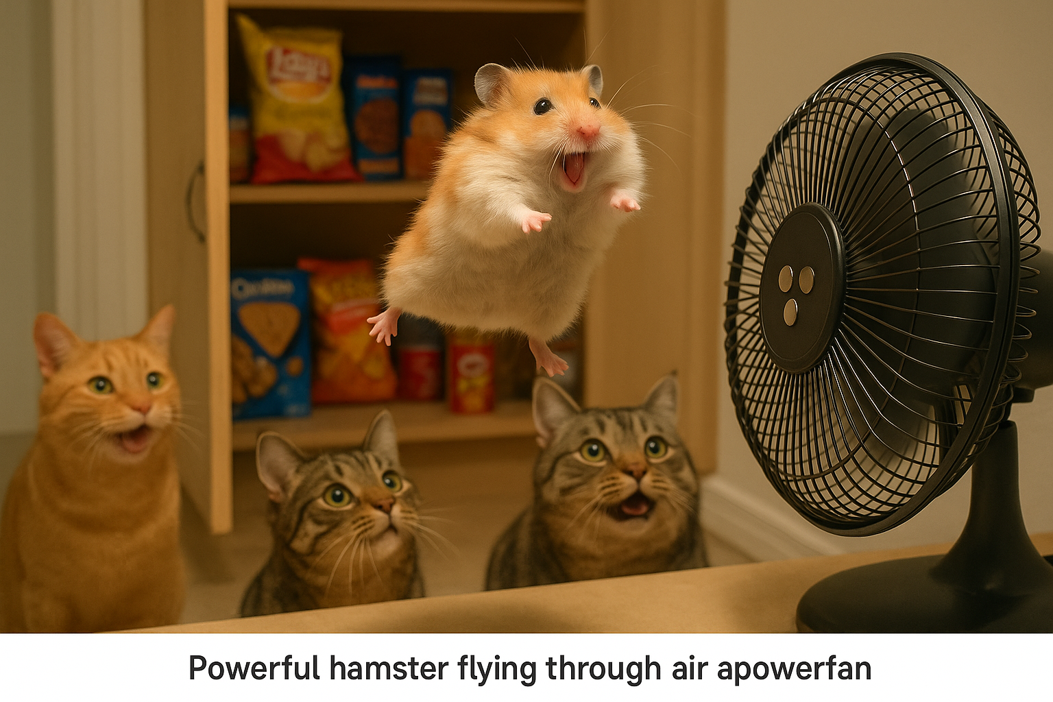 Create an image in a humorous meme style featuring a scene where a pet hamster is joyfully flying through the air, propell...