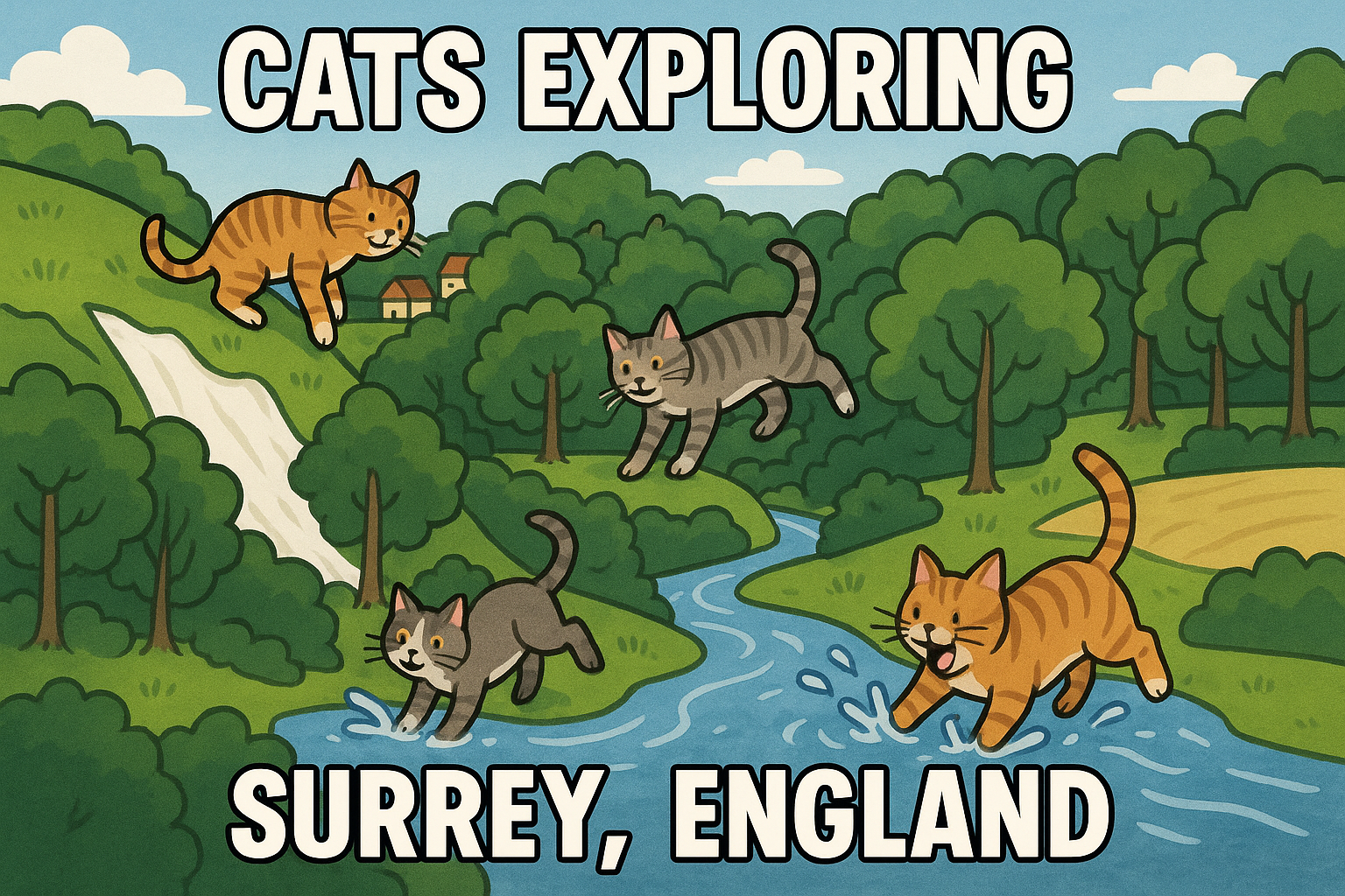 Create an image in a meme style featuring playful cats exploring the picturesque landscapes of Surrey, England. The scene ...