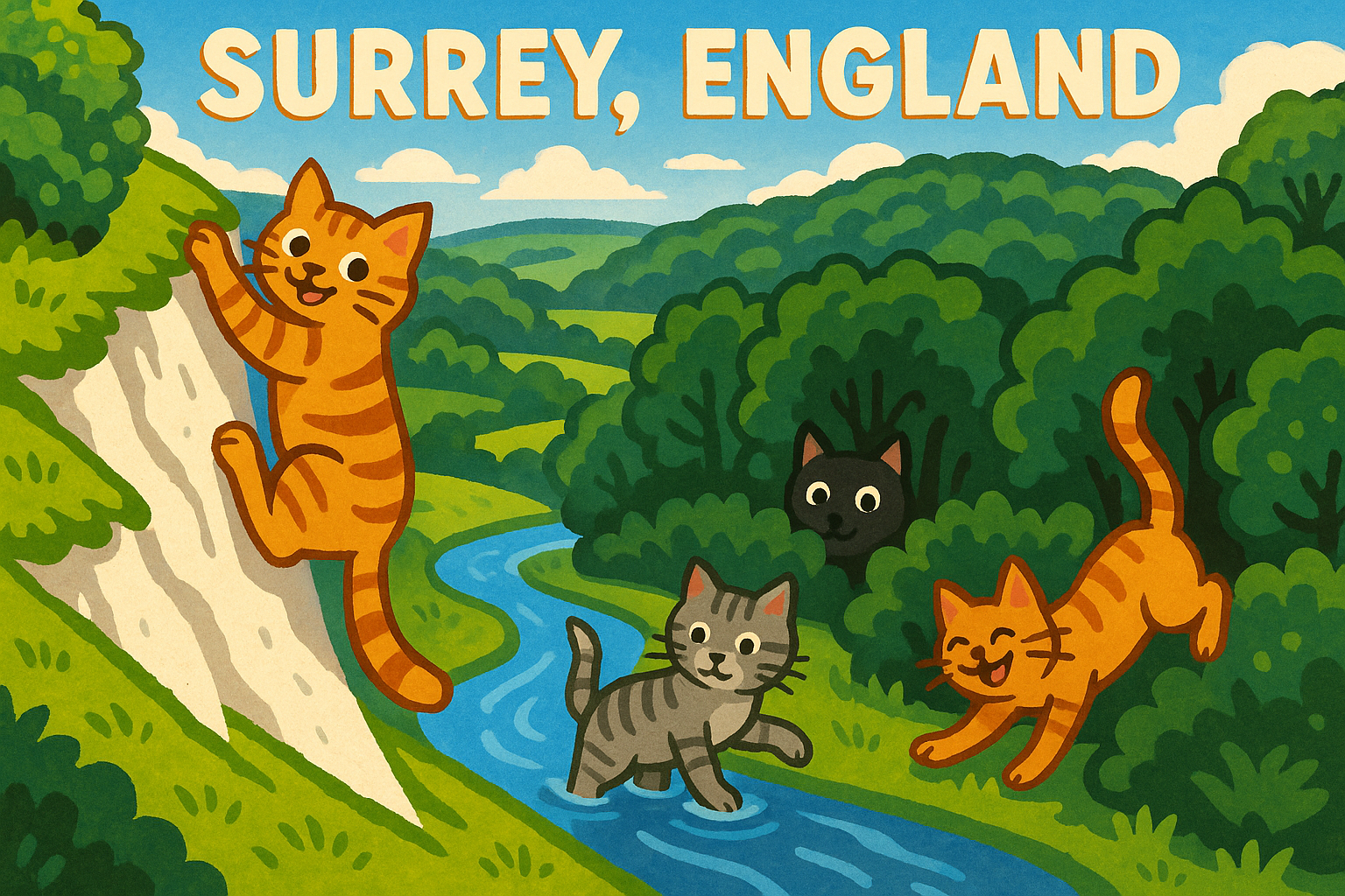 Create an image of a picturesque landscape of Surrey, England, showcasing its defining geographical features such as the N...