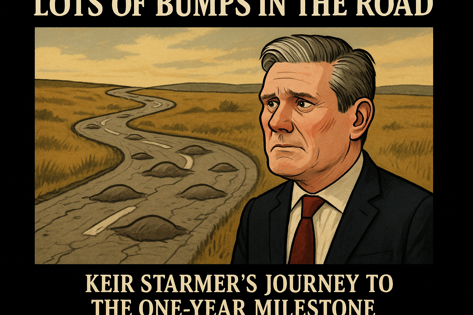 Create an image in the style of a demotivational poster featuring a winding, bumpy road stretching into the horizon. In th...