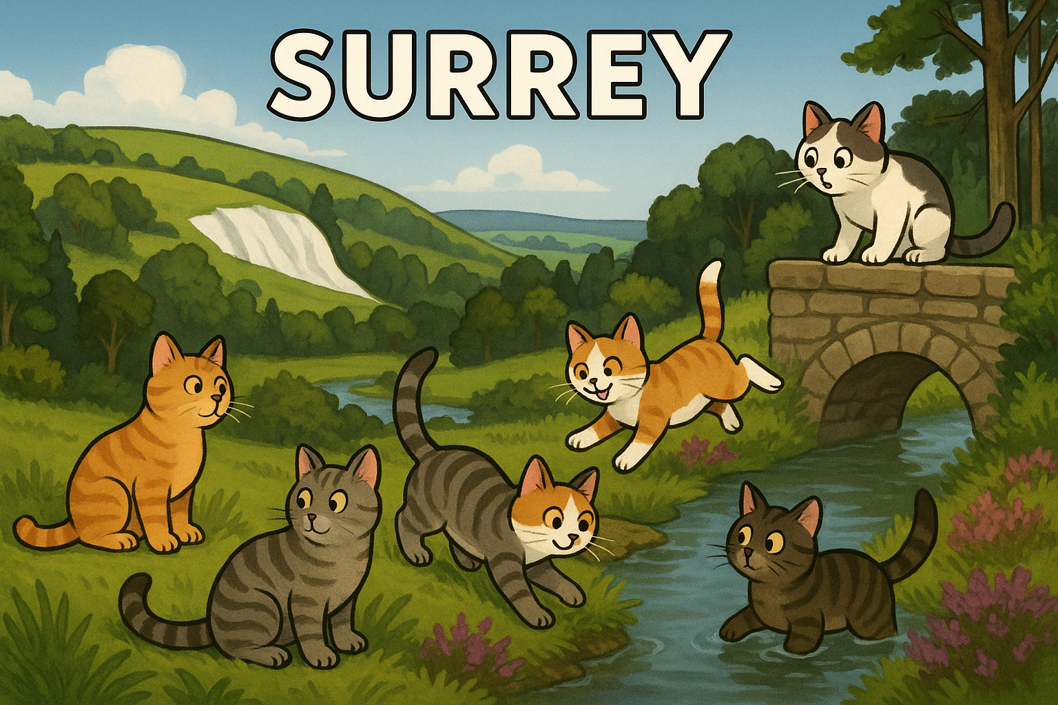 Create an image that humorously captures the essence of Surrey, a ceremonial county in South East England, while incorpora...