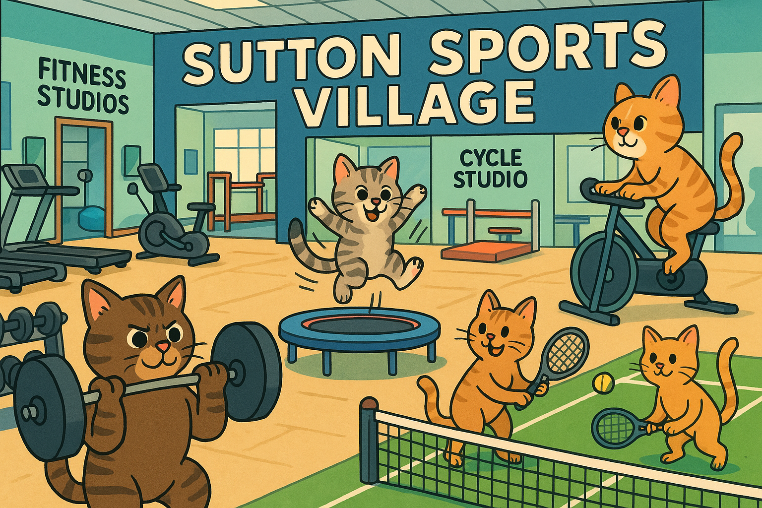 Create an image featuring a vibrant and playful scene at Sutton Sports Village. The image should include elements like a s...