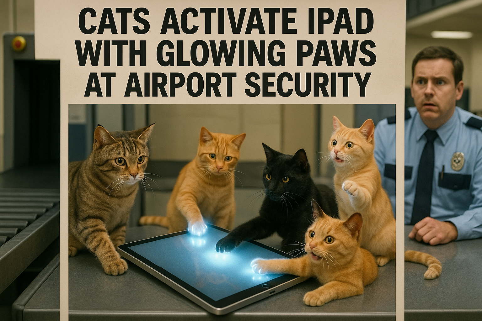 Create an image that captures the essence of a humorous news article in a meme style. The image should feature several cat...