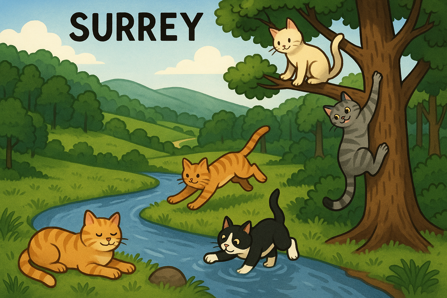 Create an image in a meme style that humorously represents the county of Surrey, South East England. The image should feat...